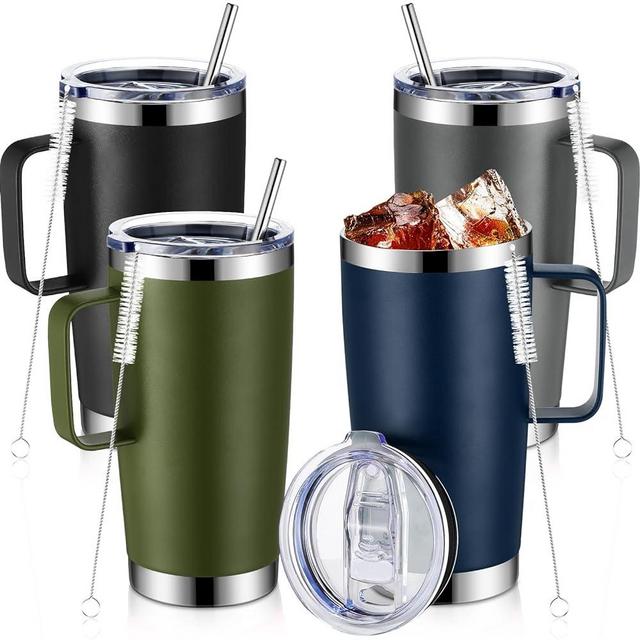 Lallisa 4 Pcs 20 oz Stainless Steel Coffee Mug with Handle Insulated Tumbler with Lid and Straw Brush Double Wall Vacuum Thermal Cup Reusable Portable Coffee Tumbler for Hot Cold Drinks (Mixed Colors)