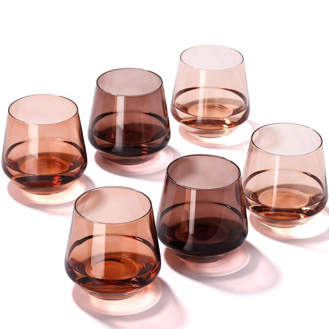 Venus Stemless Wine Glasses Set of 6-14oz Classic Design for Drinking, Amber Stemless Glassware for Beverages and Wine - Set for Parties Home and Bar Use New Year Gifts
