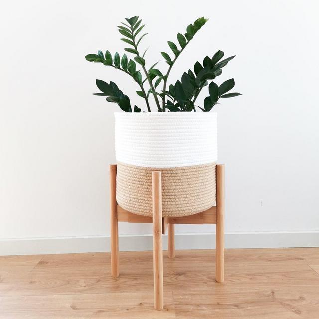 Bamboo Adjustable Plant Stand + Jute & White Pot Basket