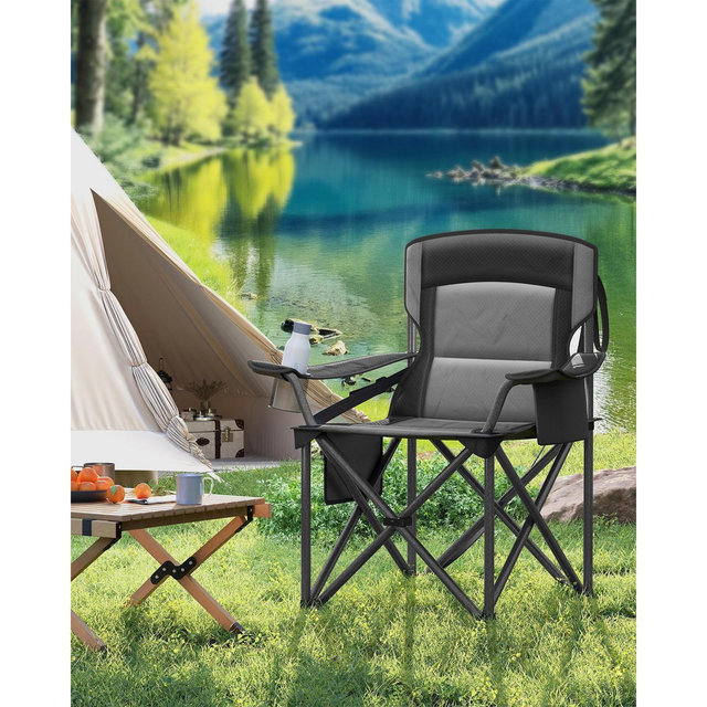 SONGMICS HOME Camping Chair with Cup Holder, High Backrest, Foam Padding, Foldable Design, 450 lb Weight Capacity, Ink Black
