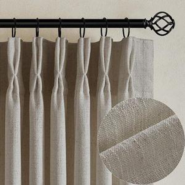 Flax Linen Curtains Pinch Pleated 84 Inch Length 2 Panels for Living Room Bedroom Burlywood Birch Semi Sheer Rustic Farmhouse Back Tab Pinch Pleat Hooks Rings Window Curtain 84 Inches Long Taupe