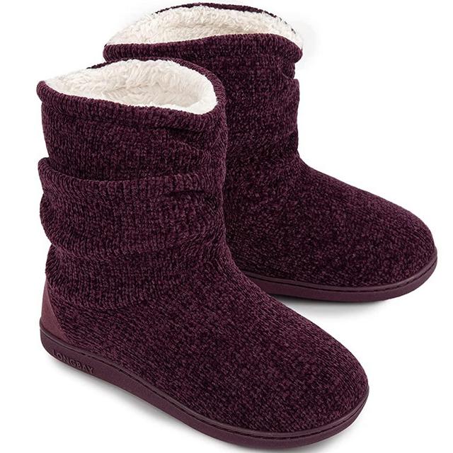 LongBay Women's Chenille Knit Bootie Slippers Cute Plush Fleece Memory Foam House Shoes