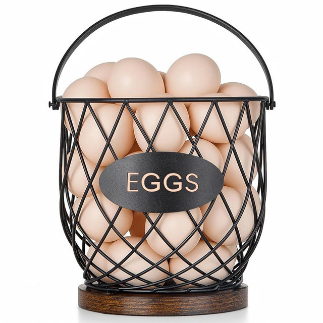 Banawey Chicken Egg Basket for Gathering Fresh Eggs with Metal Handle, Wire Egg Collecting Basket with Wooden Base, Round Egg Holder Countertop, Vintage Rustic Farmhouse Kitchen Decor Fruit Storage
