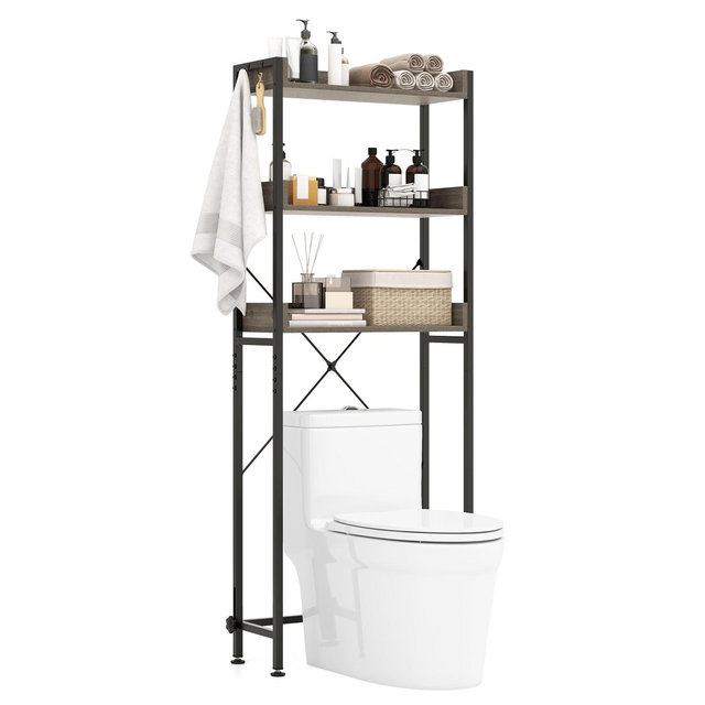 Tangkula Over The Toilet Storage 3-Tier Bathroom Space Saver Organizer with Adjustable Bottom Bar to Fit Most Toilets Grey + Black