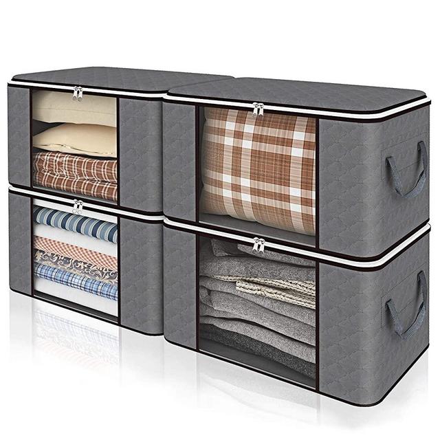 Isbasa Foldable Storage Bag, Set of 4 Large Capacity Clothes Organizers with Clear Window, Sturdy Zipper and Reinforced Handle for Comforters, Clothes, Blankets, Bedding (Grey，84L)