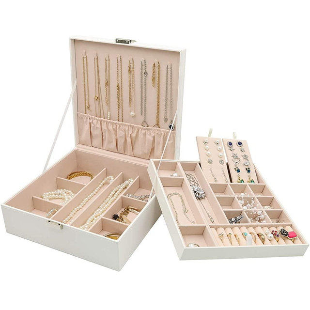 ProCase Jewelry Box for Mother's Day Gift, Large Leather Jewelry Organizer Storage Case with Two Layers Display for Earrings Bracelets Rings Watches for Women Girl -White