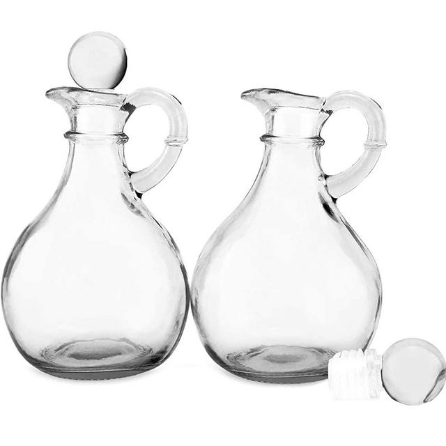 Cornucopia Glass Oil and Vinegar Cruets (Set of 2); Round Glass Oil Dispenser Bottles with Stoppers