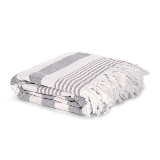 Cottonna 100% Luxury Turkish Cotton Oversized Beach Blanket, 80" by 80", Peshtemal Front with Terry Loop Back, Fouta Blanket, Throw, Terrypesh Beach Towel Queen Size (Gray Stripes)
