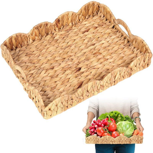 Scalloped basket, Scalloped Tray, Water Hyacinth Tray(17 x 13 x 3in)with Scalloped Edge and Built-in Handles, Rectangle Serving Tray/Rattan Tray/Wicker Tray/Woven Tray/Basket tray/Seagrass Rattan tray