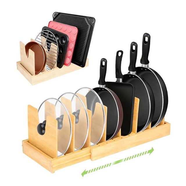 VKDDM Pots and Pans Organizer for Under Cabinet - Expandable Bamboo Pot Lid Organizer, Pan Organizers inside Cabinet, Drawer Pot Lid Holder Rack for Kitchen Organization and Storage