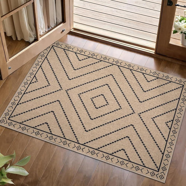 Tangsoo Easy Jute Rug 2x3 Outdoor Rug,Washable Non-Slip Rug for Entryway,Neutral Geometric Ultra Thin Indoor Carpet Farmhouse Throw Mat for Kitchen Bedroom Front Door Entrance