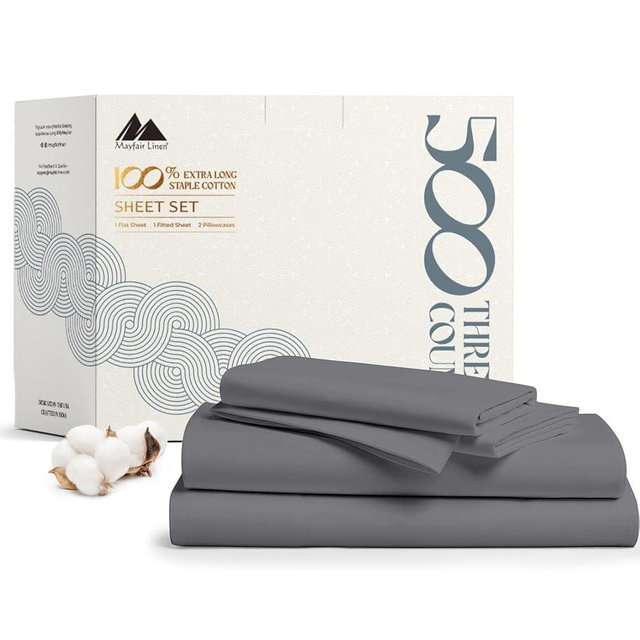 Mayfair Linen 100% Cotton Bed Sheets Full Sheet Set - 500 Thread Count Sheets Full Size 4 PC Set (Dark Grey), Soft, Cooling, Hotel-Quality 16" Deep Pocket Sateen Cotton Bedsheet for Hot Sleepers