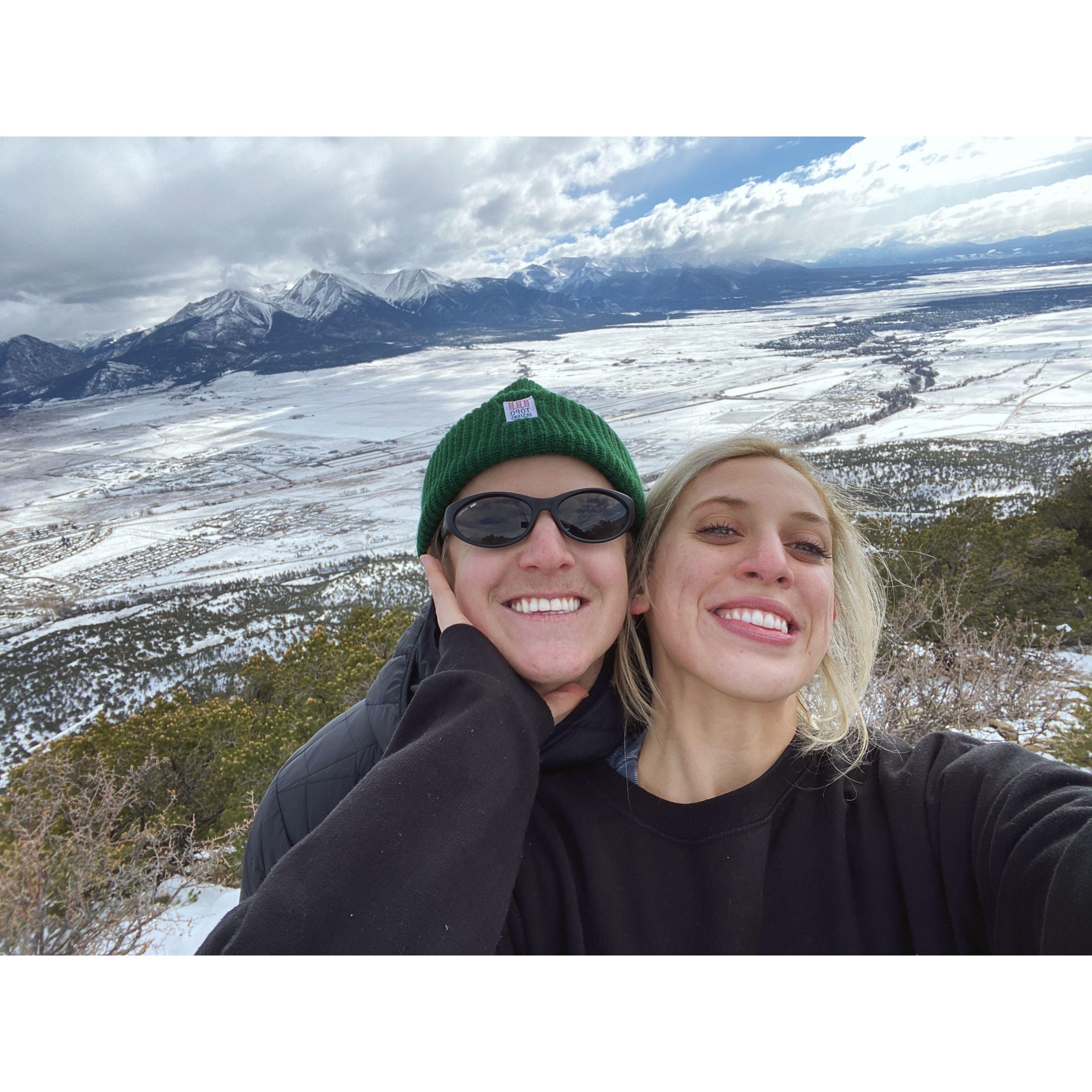 Hiking in Buena Vista, CO with the Collegiate Peaks in the background.