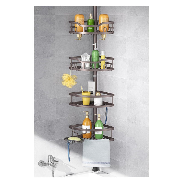 HAMITOR Corner Shower Caddy Tension Pole: Rustproof Stable 4-Tier Bathroom Organizer Shelves for Bathtub Shampoo Storage