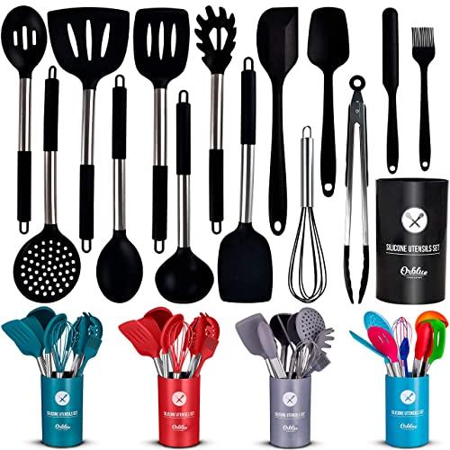 ORBLUE Silicone Cooking Utensil Set, 14-Piece Kitchen Utensils with Holder, Safe Food-Grade Silicone Heads and Stainless Steel Handles with Heat-Proof Silicone Handle Covers, Black
