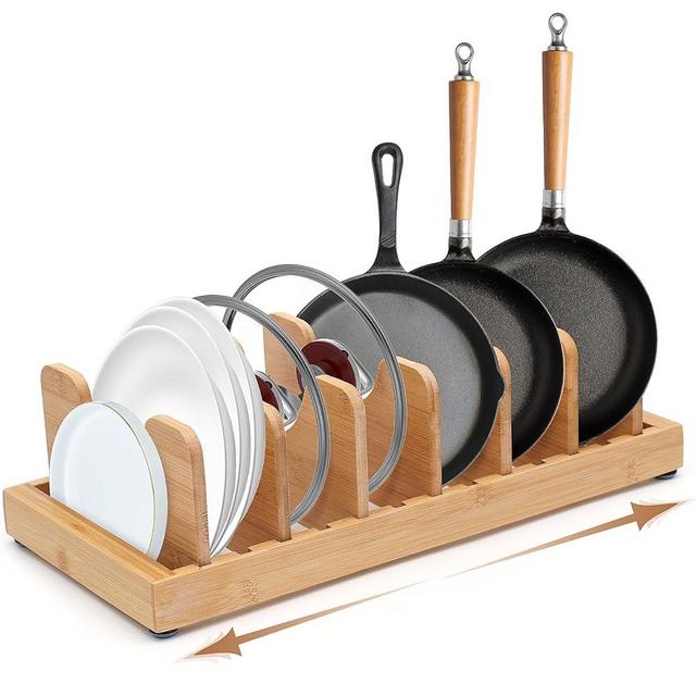 Bayting Bamboo Pot Lid Organizer Pots and Pans Organizer Inside Cabinet Adjustable Pot Lid Holder Rack for Pots, Cutting Boards, Pans