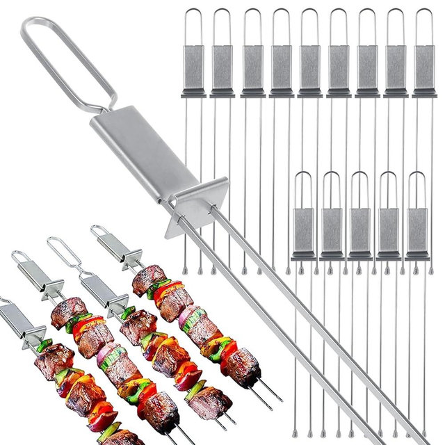 Acrux7 15 Pack Metal Skewers for Grilling 12.8 Inch Double Prong Flat Stainless Steel BBQ Skewers with Push Bar, Reusable Kabob Skewer Sticks for Grilling, Meat, Vegetable, Camping or Family