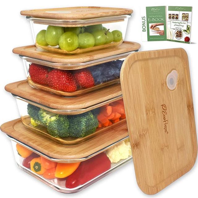 EcoPreps Glass Food Storage Containers with Bamboo Lids【Set of 4】100% Plastic Free, BPA Free, Eco-Friendly, Lunch Containers | Oven, Freezer, Microwave Safe Glass Meal Prep Containers (Patent-Pending)