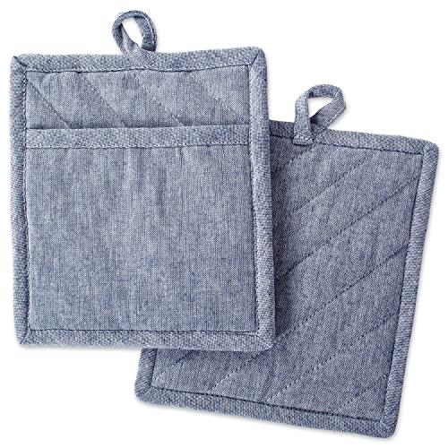 DII Cotton Chambray Pot Holders with Pocket, 9x8" Set of 2, Machine Washable and Heat Resistant Pocket Mitts for Kitchen Cooking and Baking-Blue