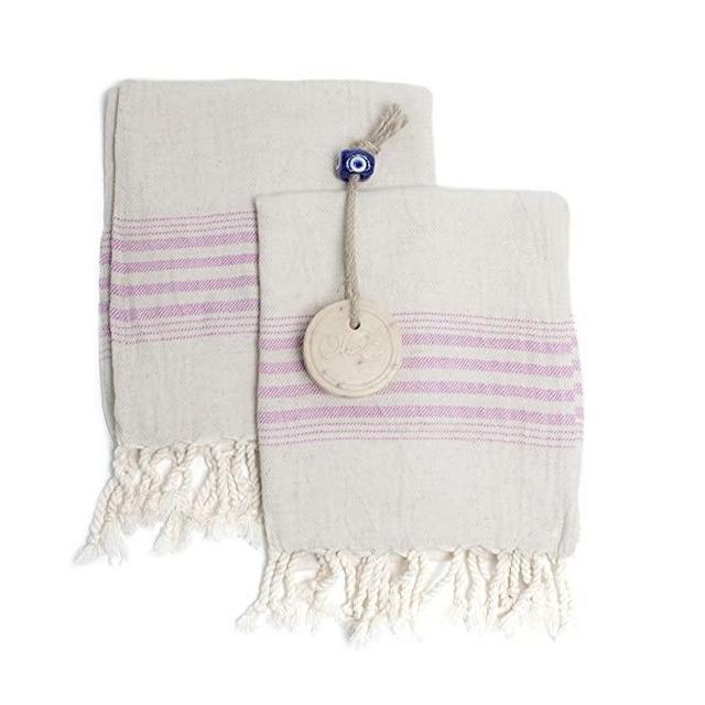 Ahenque Set of 2 Linen Cotton Blend Premium Quality Tea Towel Natural in Color and Eco-Friendly Dish Towel, Hand-loomed Dishclothes, Cream Kitchen Towel Set, Hand Towel Set (Pink)