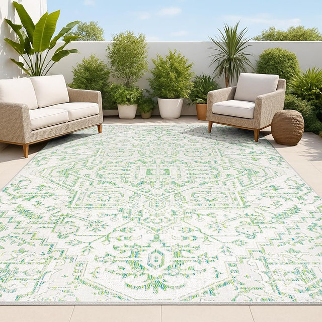 JONATHAN Y Boho Medallion Indoor Outdoor Area Rug 5X8 Green/Cream, Estrella Textured Weave for Backyard, Patio, Porch, Easy-Cleaning, High Traffic, Pet-Friendly, Non-Shedding (SMB105G-5)