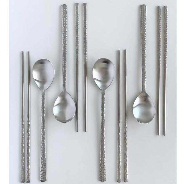 cozymomdeco Korean Made Silver Glossy Hammered Stainless Steel Spoon and Chopstick Set, 4SET with Gift Box