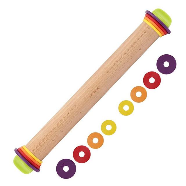 Mepple Adjustable Rolling Pin with Thickness Rings for Fondant, Pizza, Pie Crust, Cookie, Pastry, Roller Rod for Dough Thickness, Rolling Pin for Baking, Wood Rolling Pin 13.6" with 4 Thickness Rings