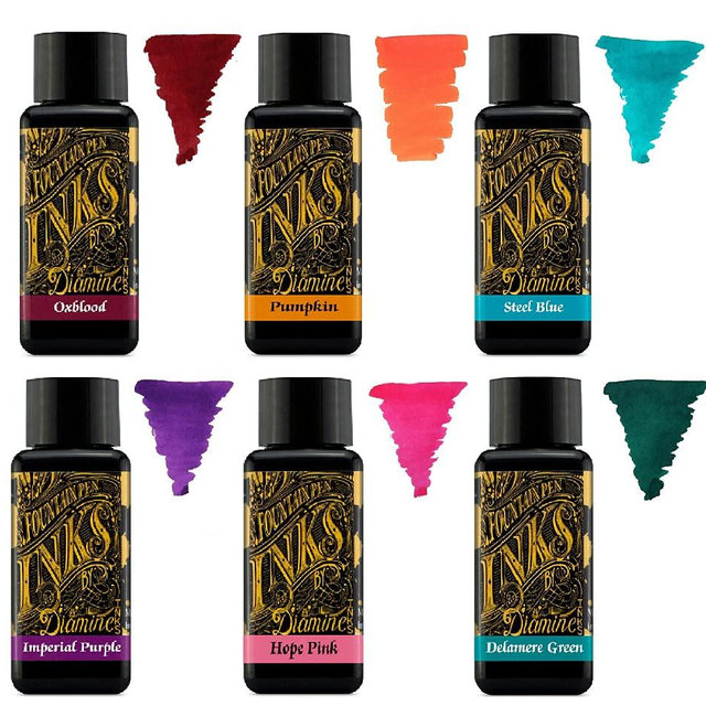 Diamine - 30ml Fountain Pen Ink - Colour Wheel - 6 x Bottles - Oxblood, Pumpkin, Steel Blue, Imperial Purple, Hope Pink, Delamere Green