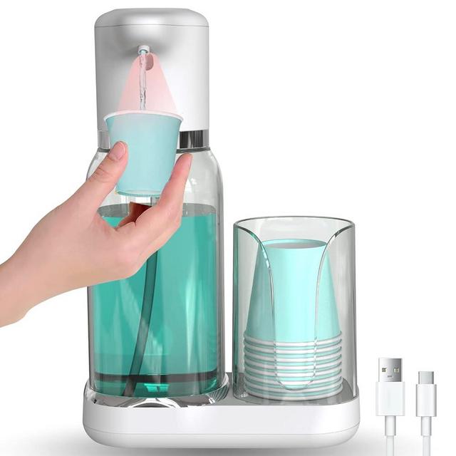 Luvan Automatic Mouthwash Dispenser for Bathroom, Kids Mouthwash Pump Dispenser with Infrared Sensor and Rechargable Pump, 25oz/750ml Plastic Mouthwash Dispenser with Cup Holder & 8 Paper Cups