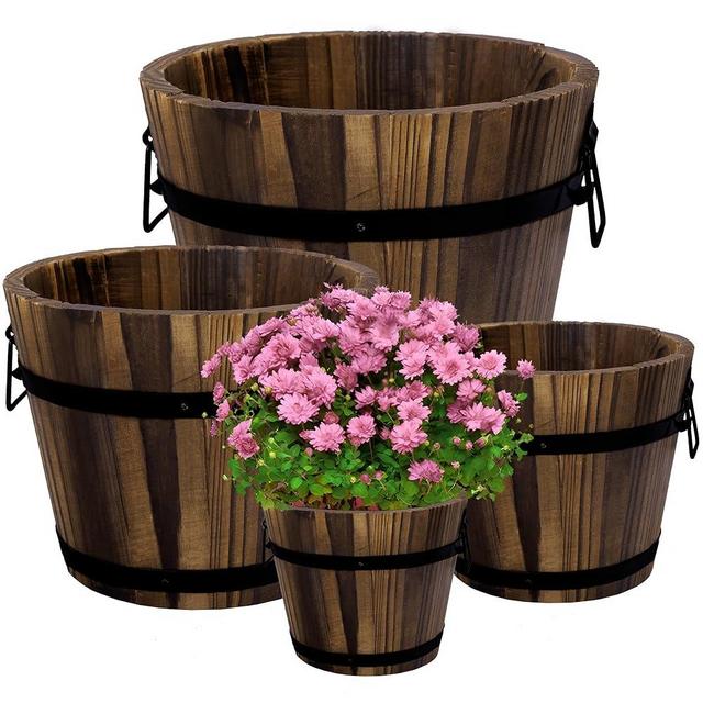 Adnee 4 Pack Wooden Whiskey Barrel Planters - 4 Sizes Wooden Bucket Barrel Garden Planters Set - Rustic Flower Planters Pots Container for Indoor Outdoor Garden Home Plants(4.7",6.1",7.1",9")