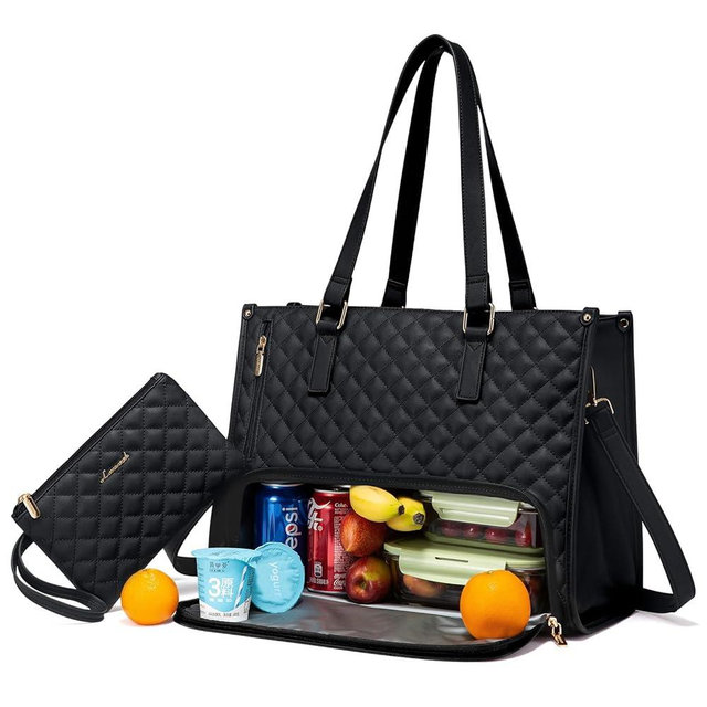 LOVEVOOK Lunch Tote Bag for Women, 15.6 Inch Laptop Bag with Insulated Lunch Compartment, Quilted Large Capacity Computer Handbag with Purse for Business, Work, Nurse, Office, Collage, Casual, Black