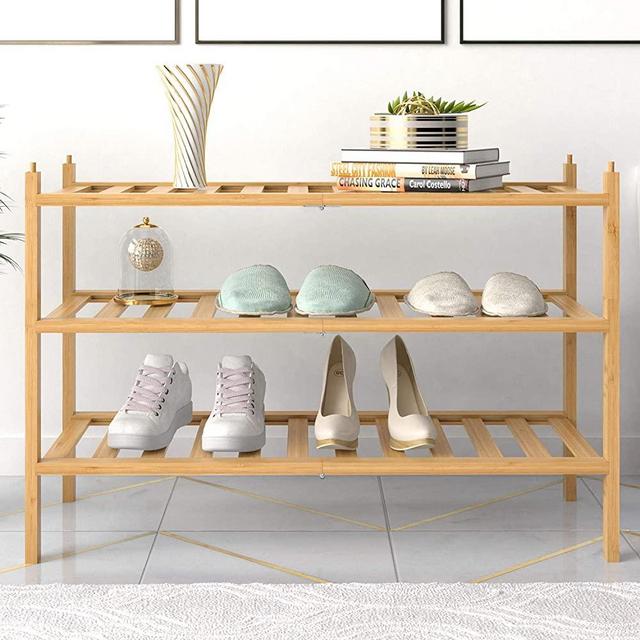BAMFOX 3-Tier Shoe Rack,Bamboo Stackable Shoe shelf Storage Organizer For Entryway, Hallway, and Closet