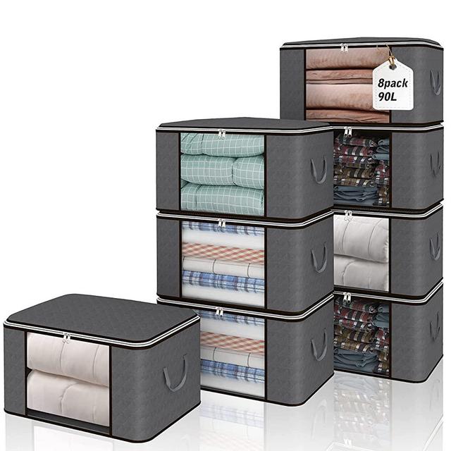 Fixwal 8 Pack 90L Large Clothes Organizers, Foldable Storage Bag for King Comforters, Blankets, Qulits, Bedding, Thick Fabric Storage Containers for Closet with Reinforced Handle Clear Window, Grey
