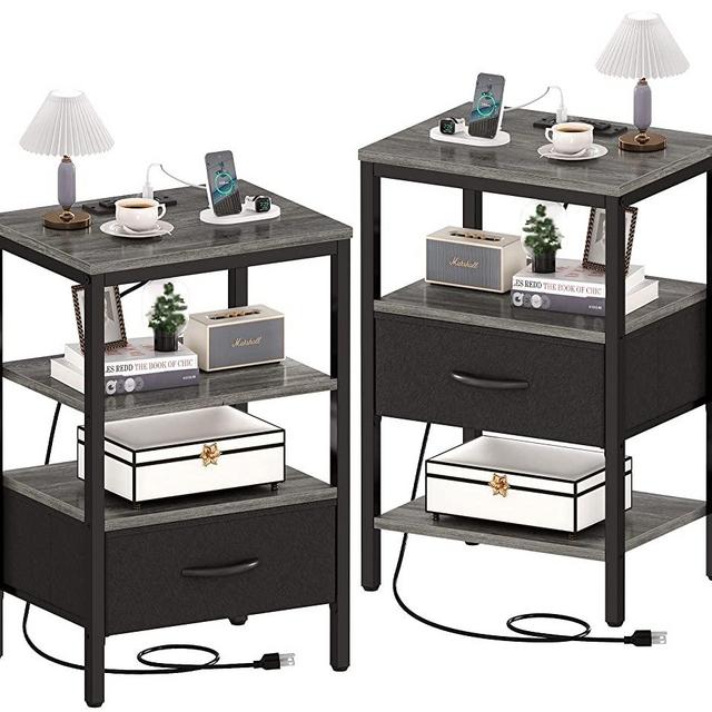 SUPERJARE End Tables Set of 2, Bed Side Tables with Charging Station, Adjustable Fabric Drawer, Night Stands, 3-Tier Storage Nightstands, Fabric Dresser, for Living Room - Charcoal Gray
