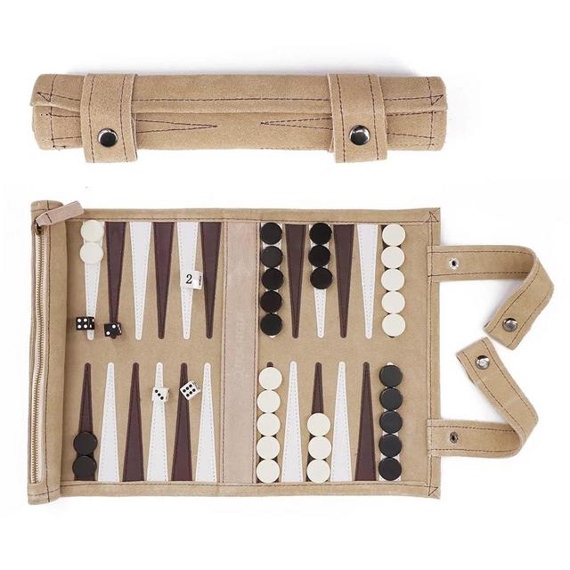 Sondergut Roll-up Portable Suede Backgammon Game Set - Ideal for RV Travel, Cruise, Airplane, Camping, Backpacking, Road Trips, Etc. Multiple Colors (Cream)