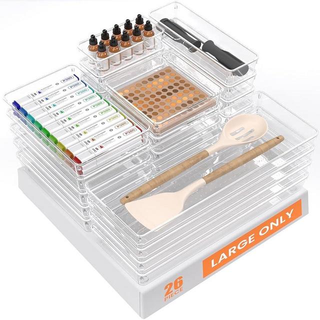 26 Pack Large Clear Plastic Drawer Organizer Trays, Acrylic Kitchen Drawer Organization and Storage Dividers, Non-Slip Storage Bins for Makeup, Kitchen Utensils, Bathroom, Jewelries and Office Desk