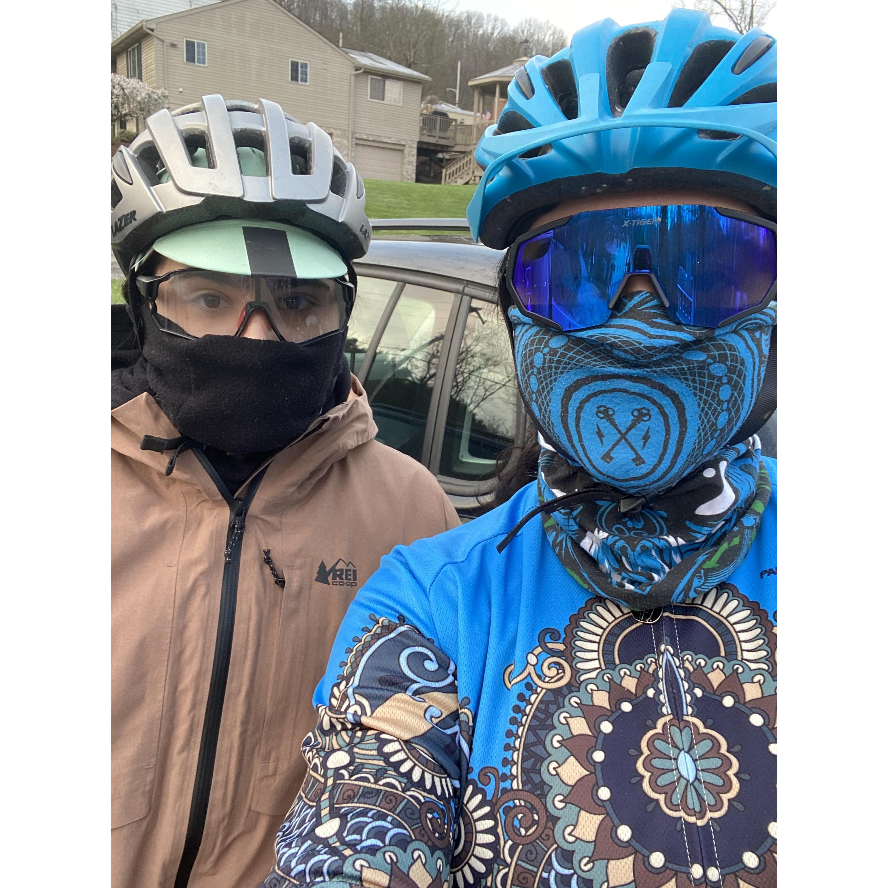 Jacquie being a good sport on an early, cold spring ride.