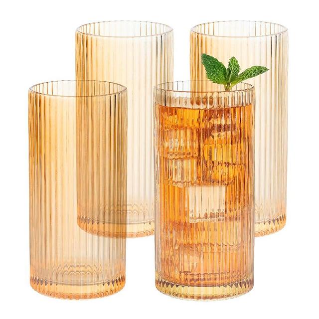MyGift 12 oz Gold Tint Fluted Highball Drinking Glasses, Ribbed Textured Glass 6 Inch Tall Tumblers for Cocktail Beverage, Iced Coffee or Tea, Water Drink Cup, Glassware Set of 4