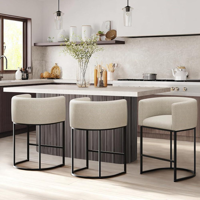 KRAMZMING Counter Height Bar Stools Set of 3, 24 Inch Seat Height Barstools for Dining Room, Fabric Upholstered Bar Chair for Kitchen Island, Linen Counter Stools with Metal Legs, Beige