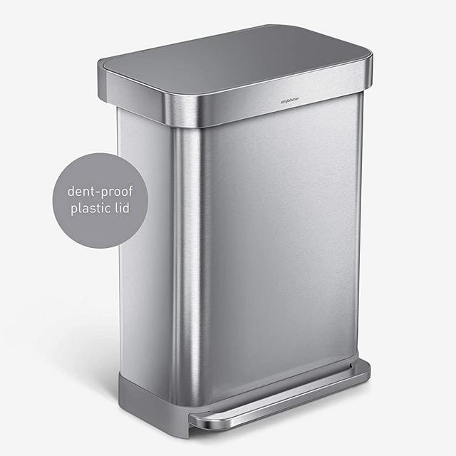 simplehuman 55 Liter Rectangular Hands-Free Kitchen Step Trash Can with Soft-Close, Brushed Stainless Steel with Plastic Lid