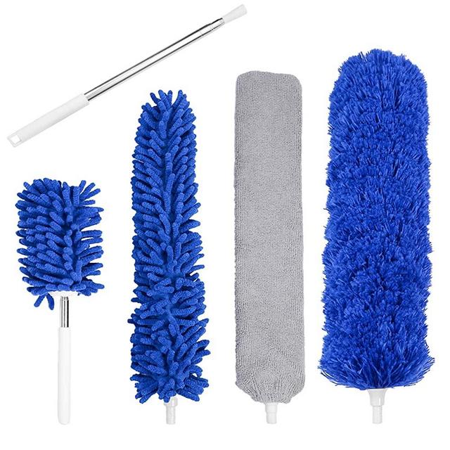 Microfiber Duster, Feather Duster Set for Cleaning with Extension Pole(30-100 inch), with 3 Cleaning Head and 1 Mini-Duster, Bendable and Reusable Dust Duster for Fans, Cobweb, Cars, Under Beds