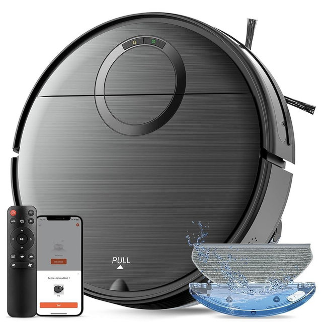 Robot Vacuum and Mop Combo, Robotic Vacuum Cleaner 2 in 1 Vacuuming Mopping with Schedule, Wi-Fi/App/Remote, Max Suction 2000Pa, Self-Charging, Slim, Ideal for Hard Floor, Pet Hair, Low-Pile Carpet