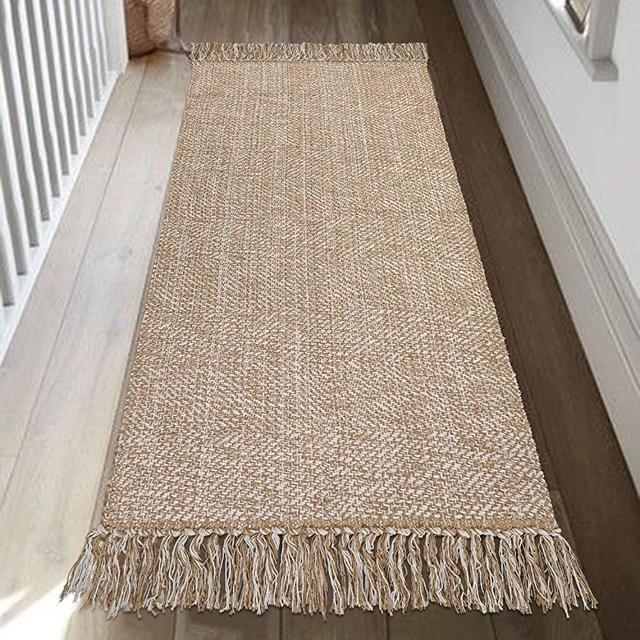 Collive Kitchen Runner Rug, 2’ x 4.3’ Hand-Woven Reversible Washable Rug, Tan Cotton Modern Farmhouse Bathroom Rug Hallway Carpet for Foyer Bedroom Entry Back Door Decor