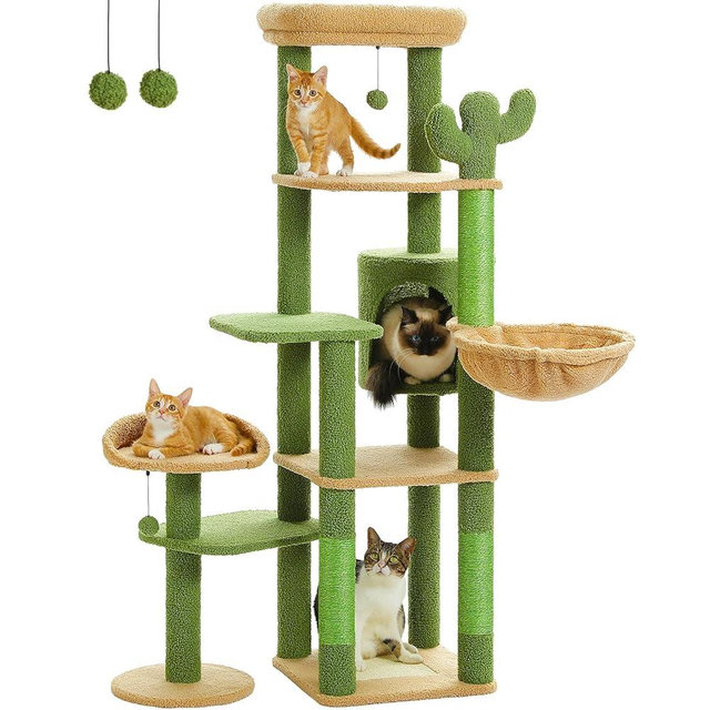 MUTTROS 59" Cactus Cat Tree, Large Cat Tree for Indoor Cats, Cat Tower for Large Cats, Multi-Level Cat Tower, Cat Condo with Large Hammock, Scratching Post, and 2 Perches, Green