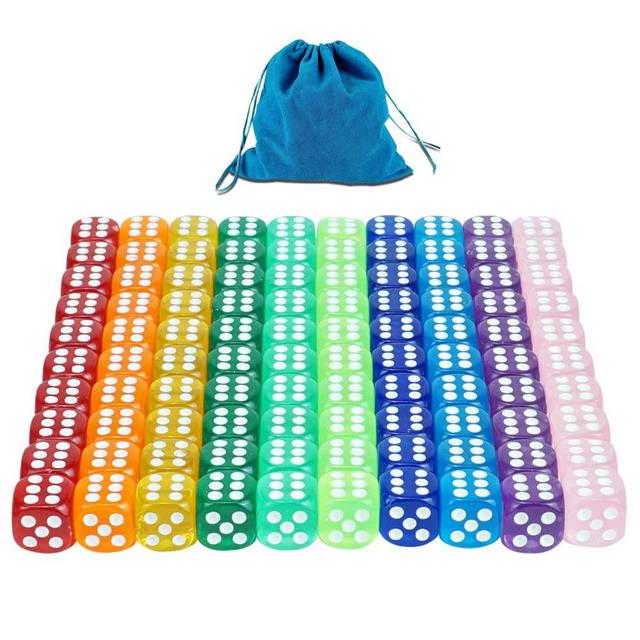 100pcs 16mm Game Dice D6 Six Sided of Rounded Translucent for Yahtzee ,Tenzi, Farkle, , Bunco, DND, MTG, RPG,Table Board Game or Teaching Math with a Beautiful Blue Drawstring Storage Bag