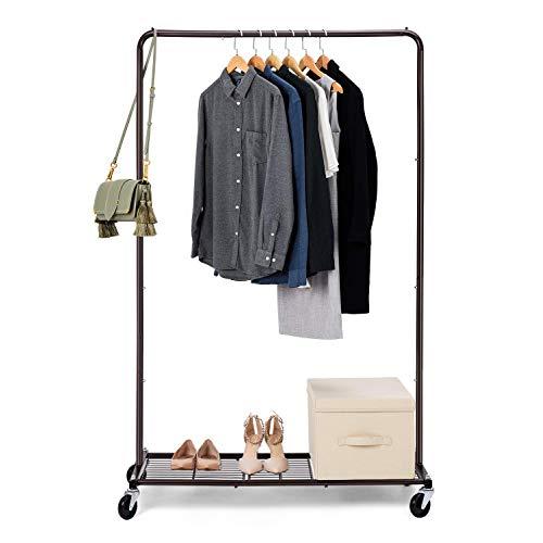 Bextsware Clothes Rack, Industrial Pipe Garment Racks On Wheels, Heavy Duty Commercial Grade Hanging Clothes Organizer Stand Clothing Rack with Metal Bottom Shelves for Boxes Shoes Storage, Bronze