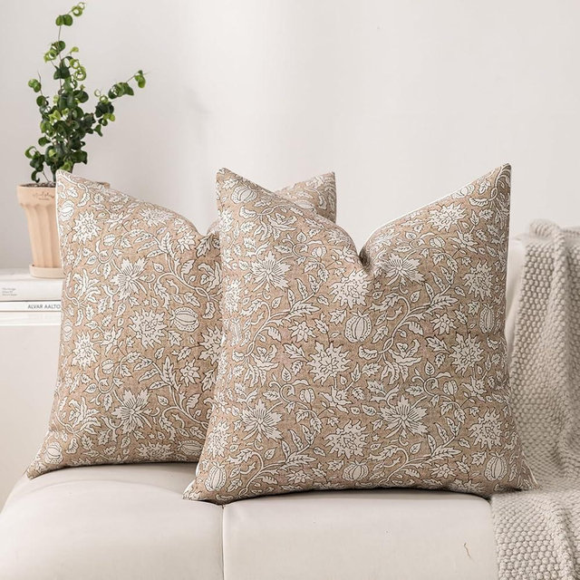 DWR Floral Throw Pillow Covers 18x18 Set of 2, Block Print Decorative Pillow Covers in Soft Taupe, Neutral Faux Linen Cotton Blend, Vintage Look for Couch, Sofa, Bed, Living Room