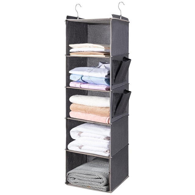 BOOMIBOO Hanging Closet Organize and Shelves，5-Hanging Shelf with 2 Side Pockets，Storage Foldable （Grey）