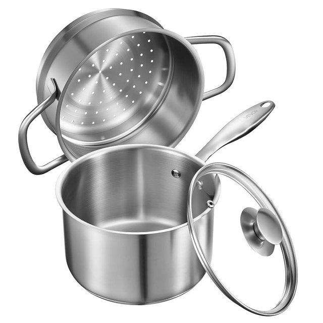 VEVOR 2.5 QT Saucepan with Steamer, Stainless Steel Saucepan with Glass Lid, Multipurpose Nonstick Stainless Steel Sauce Pot with Ergonomic Handle, Friendly for Oven, Dishwasher, Induction Cooker