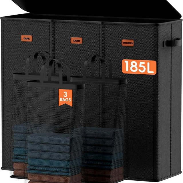 Vexalora 185L Laundry Hamper 3 Section, Laundry Hamper with Lid, Dirty Clothes Hamper with 3 Removable Washing Bags, Extra Large Laundry Basket Organizer for Bedroom, Laundry Room, Dorm - Black